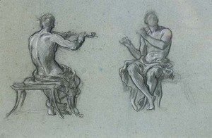Two studies of a man piping, for Music