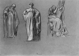 Studies of heavily draped female figures, one playing a lyre