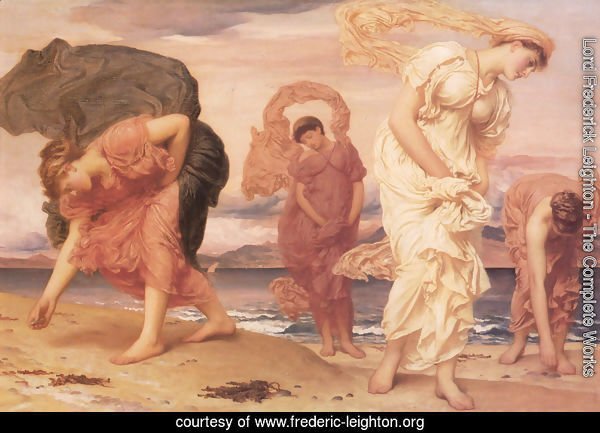 Greek Girls Picking Up Pebbles By The Sea